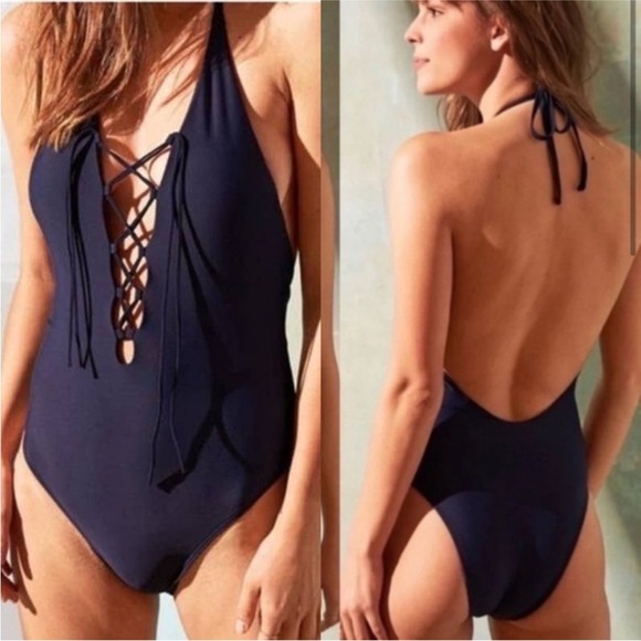 Aerie Lace Up Deep Plunge Low Back Halter Navy Blue One Piece Swimsuit - Picture 8 of 8